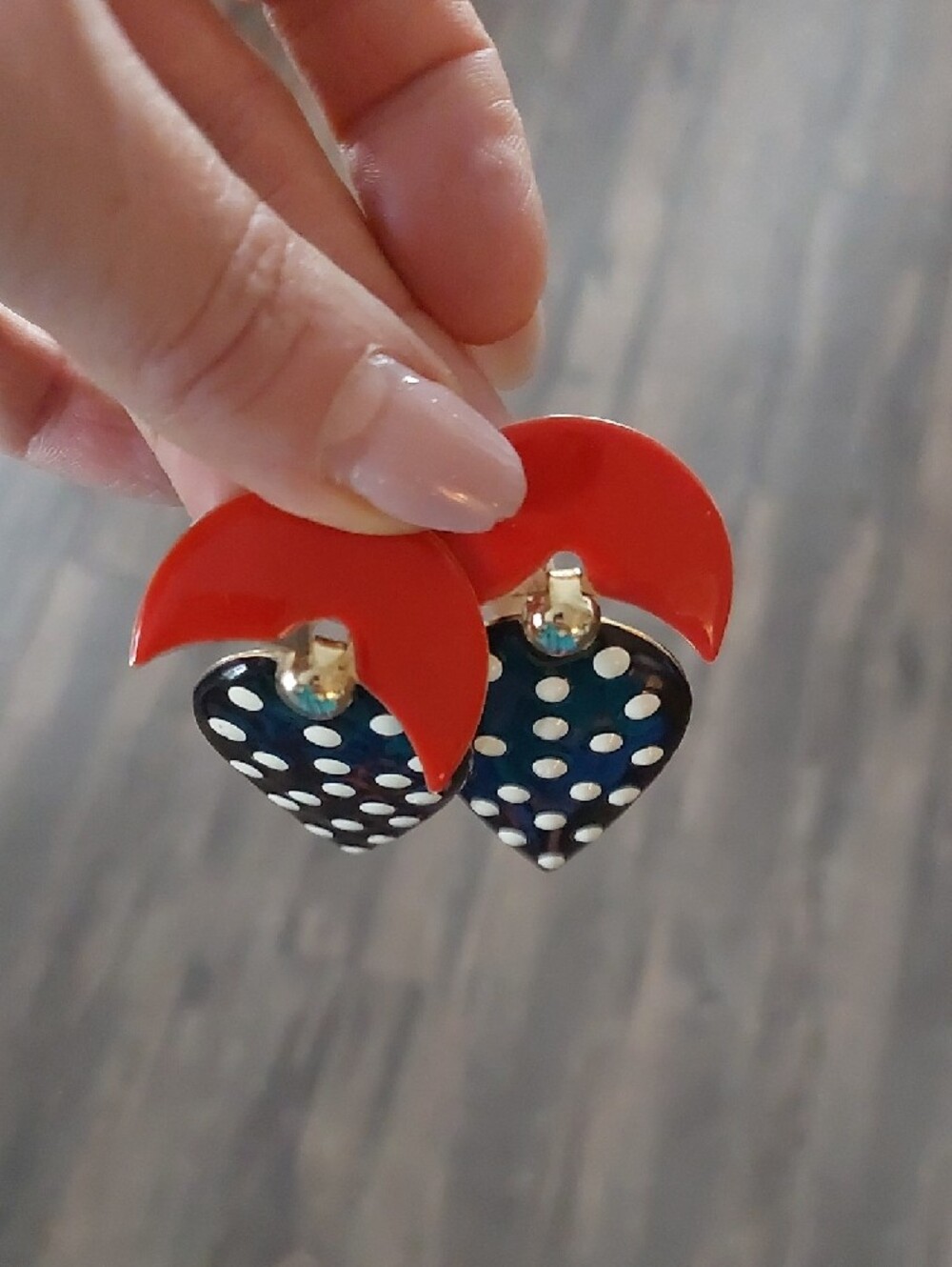 Retro Black Polka Dot Drop Earrings with Red Accent From Art Market - Picture 3 of 5